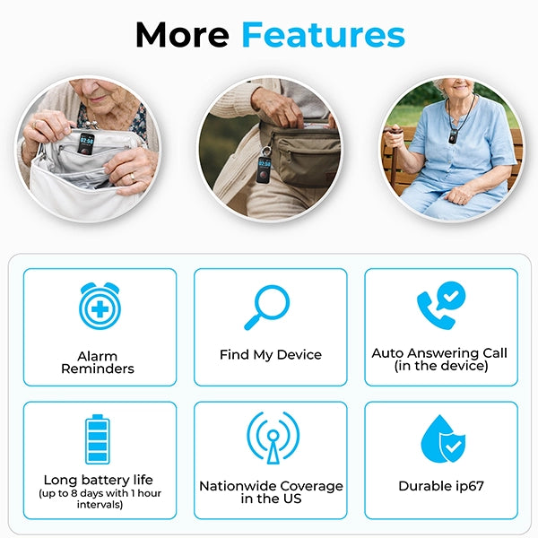 Seniors durable GPS safety pendant wearable best features including reminders, find
my device tracking, auto answering calls, long battery life, nationwide coverage, and
IP67 waterproof protection.