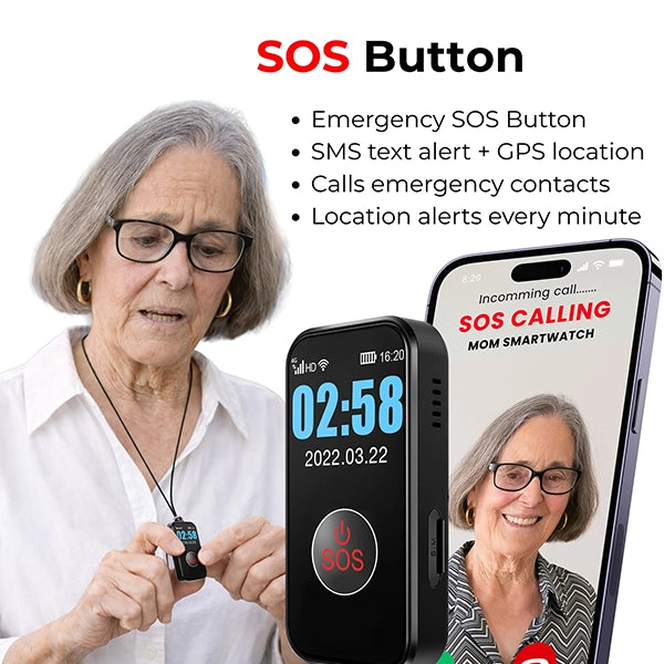Medical monitoring wearable alert GPS pendant for seniors with SOS emergency
button sending instant SMS alerts, GPS location details, and automatically calling
caregiver emergency contacts.
