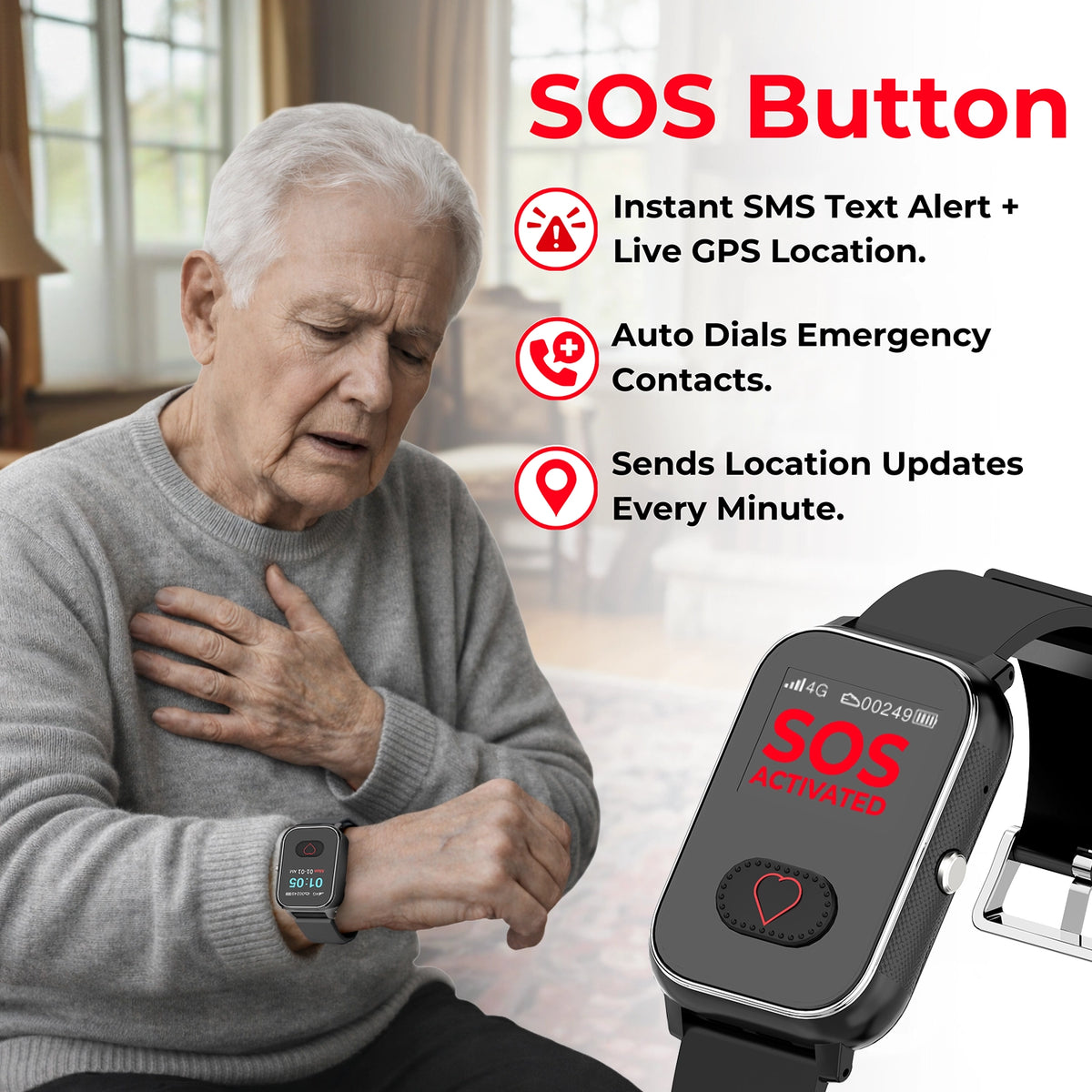 Senior SOS emergency smartwatch sends instant SMS alerts with live GPS location,
sends gps location every minute, automatically calling emergency contacts.