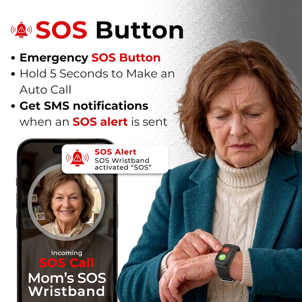 SOS emergency alert wristband for elderly ends text sos alert with live location and
calls instantly, managed by the mobile app.