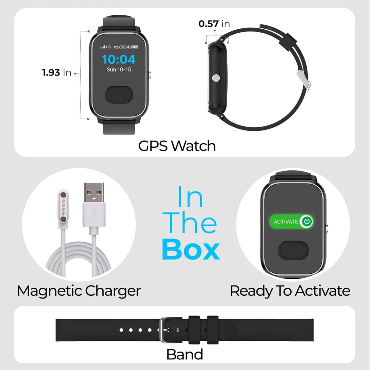 Senior GPS safety smartwatch package including the GPS watch device, magnetic
charging cable, adjustable band, mobile app, ready to go out of the box.
