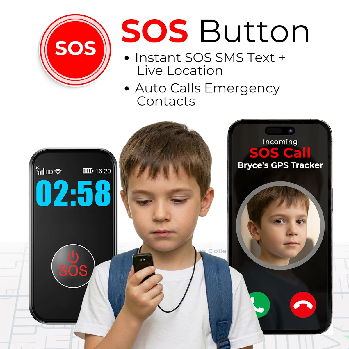 Kids GPS safety pendant with SOS emergency button sending instant SMS alerts and
live location tracking to parents through a mobile monitoring app.