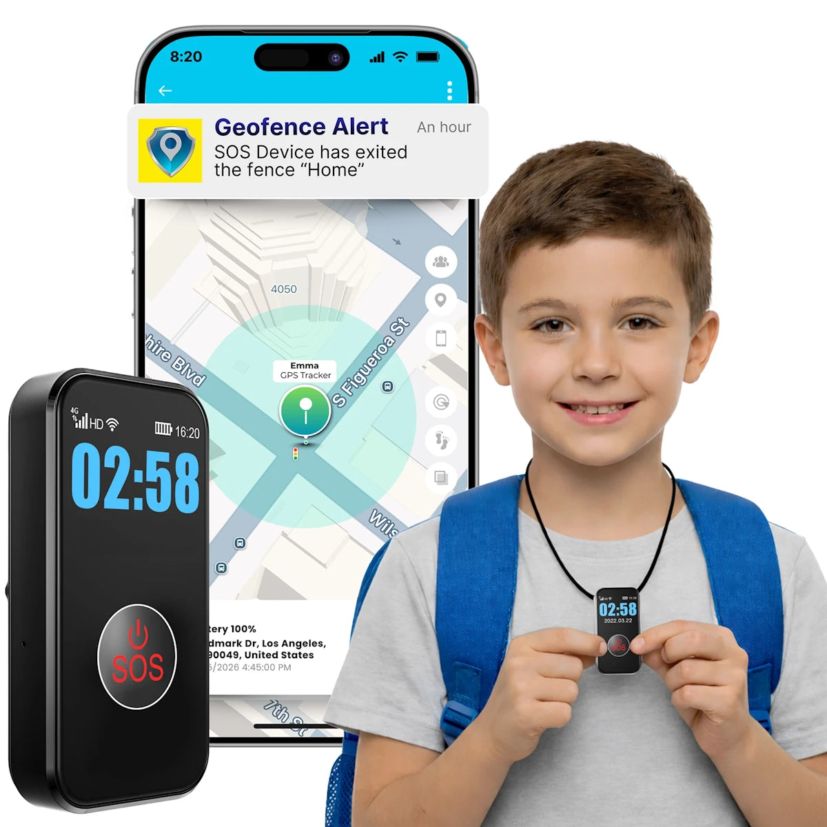 Kids wearable GPS safety pendant arrival and exit geofence alert and real-time
location tracking on a parent mobile monitoring app.