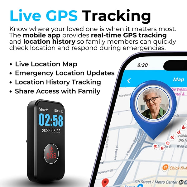 Real-time GPS tracker for old people showing live location updates and location history through a caregiver monitoring mobile app.