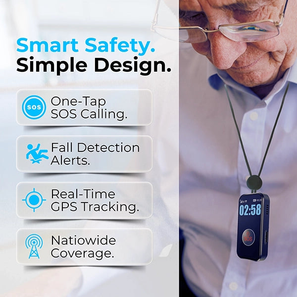 Senior safety pendant wearable, lanyard, belt clip, featuring one-tap SOS emergency calling, automatic fall detection alerts, real-time GPS tracking, and nationwide cellular coverage.
