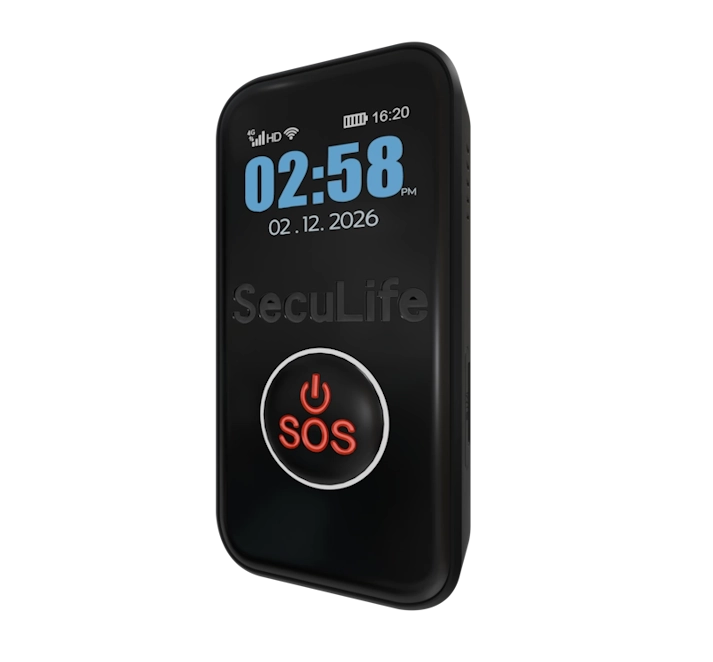 Elderly wearing SecuLife fall detection GPS tracker medical alert device with SOS
emergency alert and real-time caregiver notifications