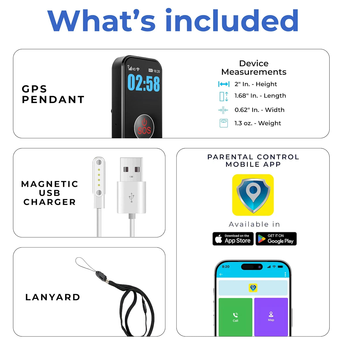 Complete kids GPS safety pendant kit with magnetic USB charger, lanyard and
parental control mobile app for real-time child tracking and SOS emergency alerts.