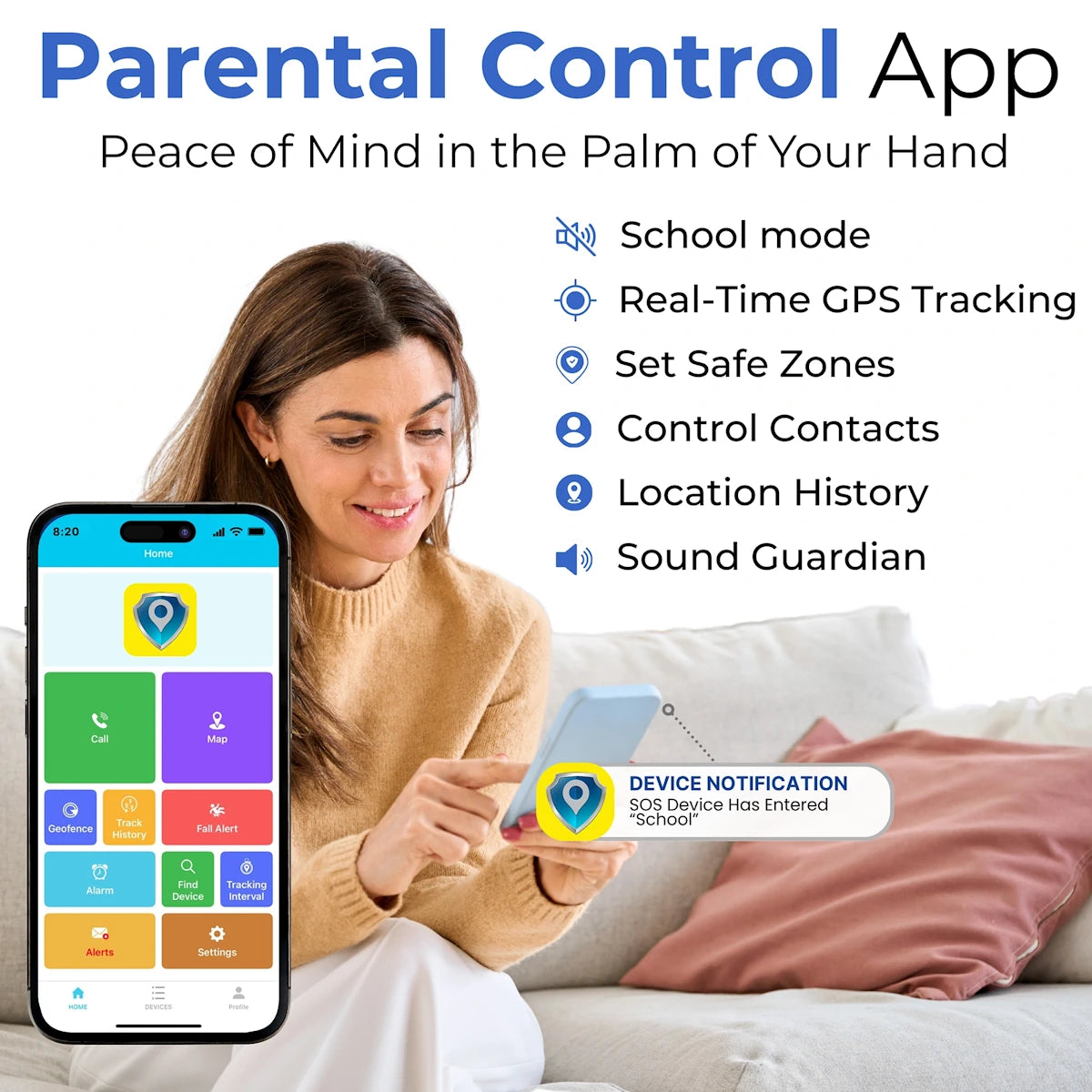 Parental control mobile app for kids GPS safety pendant with real-time tracking,
geofence safe zones, contact controls and location history monitoring, safe
communication.