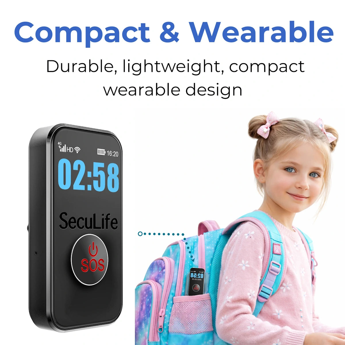 Lightweight kids GPS safety pendant with SOS emergency durable, compact design
and easy everyday child location tracking on the mobile app.
