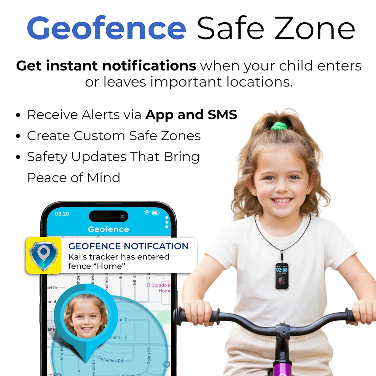 Kids low cost GPS safety pendant with geofence safe zone alerts that notify parents
when a child enters or leaves important locations via app and SMS.