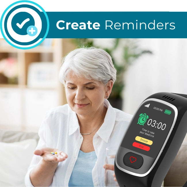 Senior using smartwatch with reminder feature for medication alerts, showing time to take medication and options to snooze or stop the reminder.