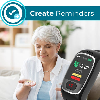 Senior using smartwatch with reminder feature for medication alerts, showing time to take medication and options to snooze or stop the reminder.