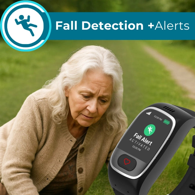 Senior smartwatch with fall detection and alerts activated, designed for elderly safety with real-time emergency notifications.
