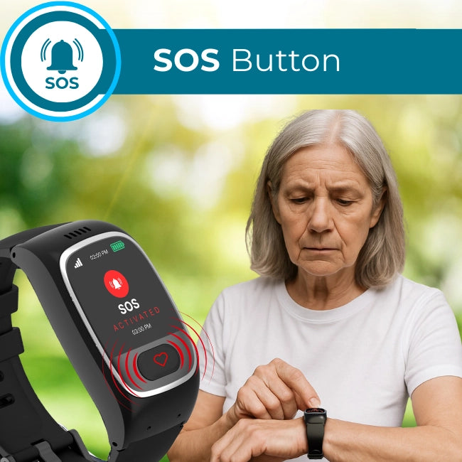 Senior using smartwatch with activated SOS button, sending emergency alerts for immediate assistance, designed for elderly safety.
