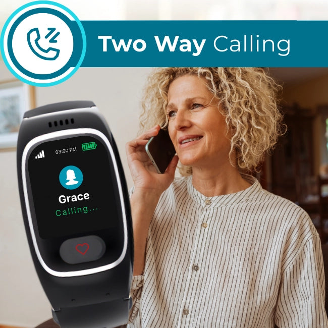 Senior smartwatch with two-way calling feature, real-time GPS tracking, and
caregiver app monitoring for elderly safety.