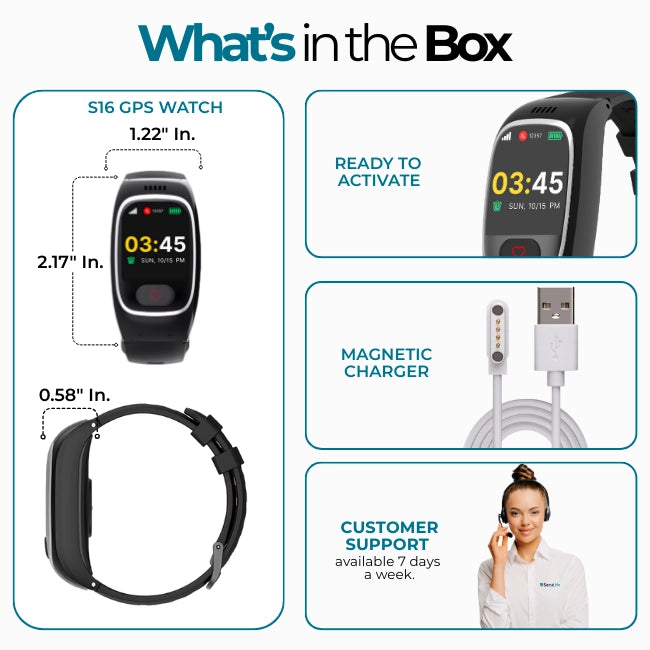 What's in the box for the elderly GPS smartwatch, including the device, magnetic charger, and customer support details available 7 days a week.