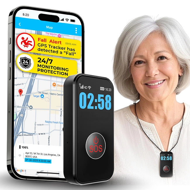Advanced elderly safety device with automatic fall detection, SOS emergency button, GPS location tracking, and caregiver mobile app for real-time monitoring and 24/7 protection